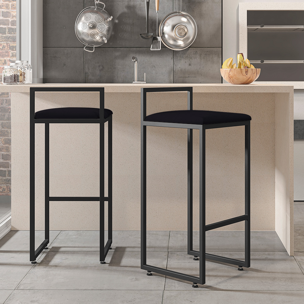 Kit 02 Banquetas Altas Para Cozinha Sala de Jantar Hanna L02 Preto Suede Preto - Lyam Decor