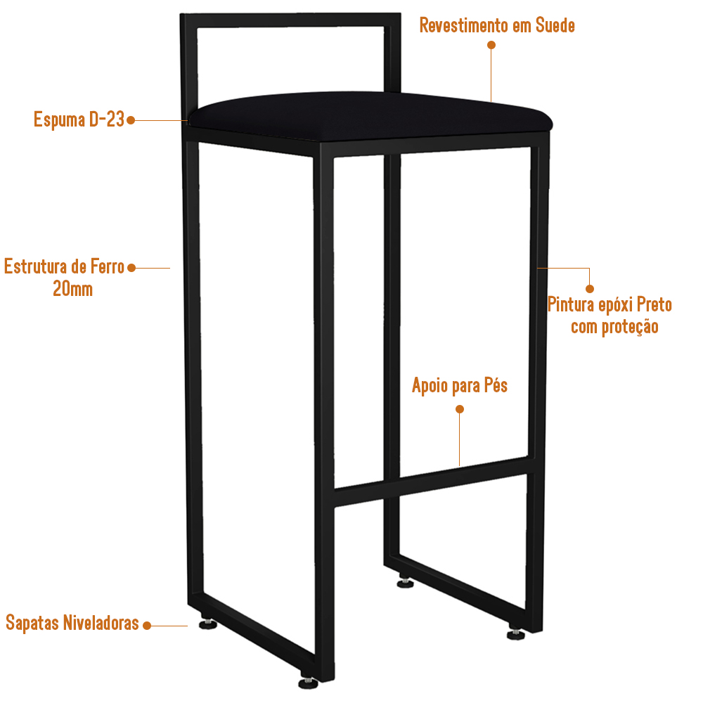 Kit 02 Banquetas Altas Para Cozinha Sala de Jantar Hanna L02 Preto Suede Preto - Lyam Decor