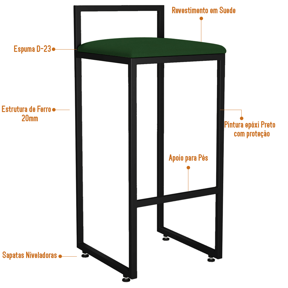 Kit 02 Banquetas Altas Para Cozinha Sala de Jantar Hanna L02 Preto Suede Verde Musgo - Lyam Decor