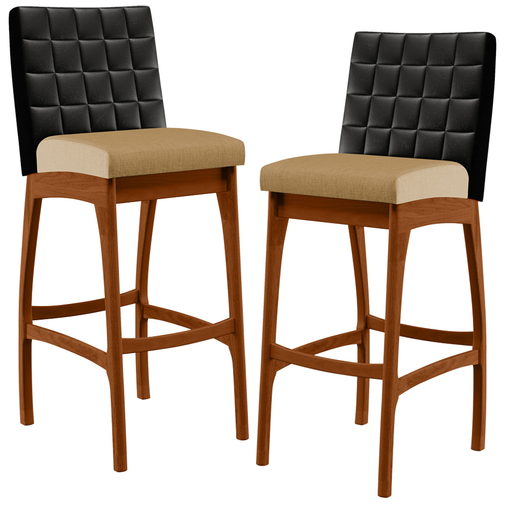 Kit 02 Banquetas Altas Sala De Jantar Fixa Mila L02 Couríssimo Preto Linho Bege Escuro - Lyam Decor