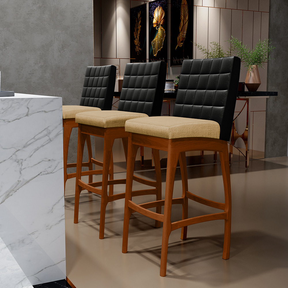 Kit 02 Banquetas Altas Sala De Jantar Fixa Mila L02 Couríssimo Preto Linho Bege Escuro - Lyam Decor