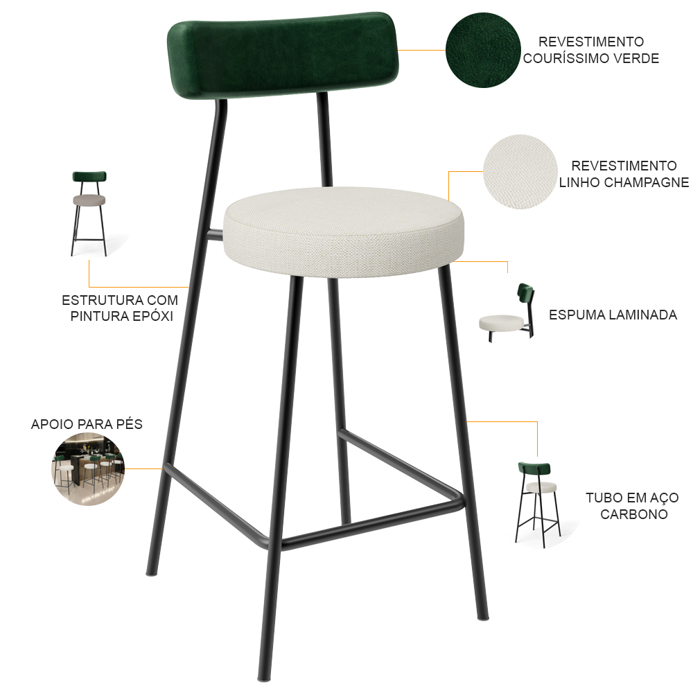 Kit 02 Banquetas Baixa Bar Cozinha E Sala Jantar Milão L02 Facto Verde Linho Champagne - Lyam Decor