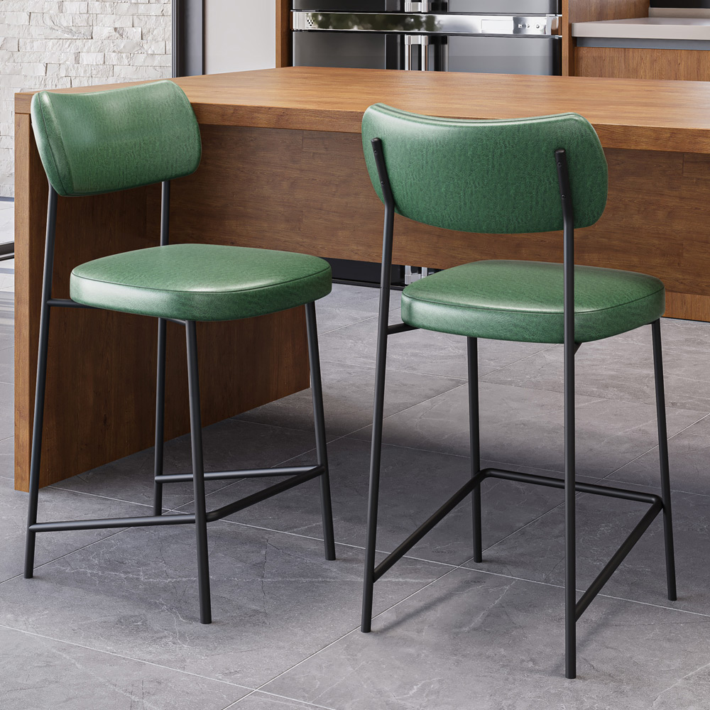 Kit 02 Banquetas Baixa Bar Cozinha Sala De Jantar Preto Elira L02 Couríssimo Verde - Lyam Decor
