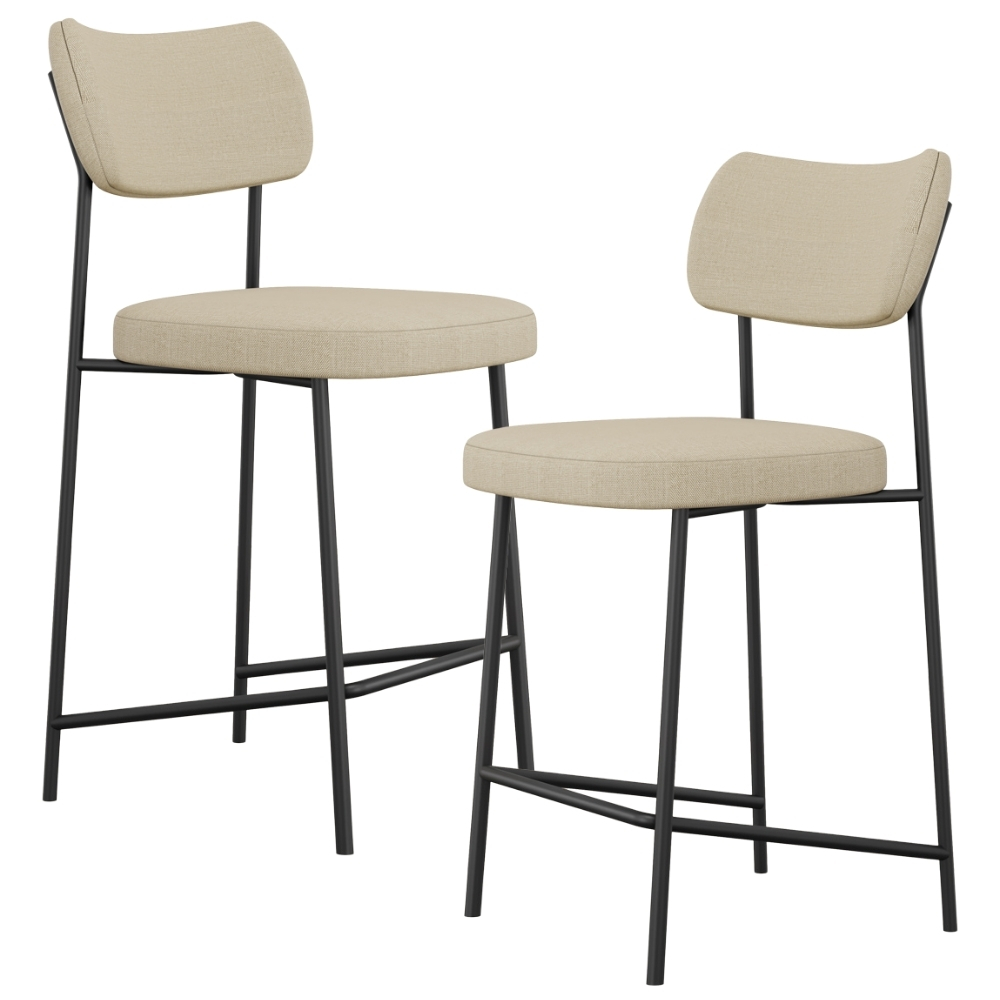 Kit 02 Banquetas Baixa Bar Cozinha Sala De Jantar Preto Elira L02 Linho Bege Escuro - Lyam Decor