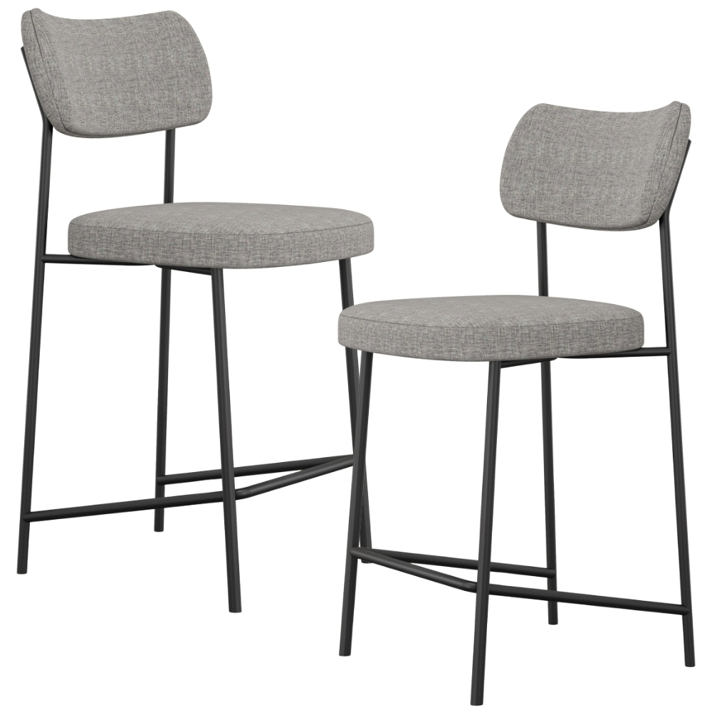 Kit 02 Banquetas Baixa Bar Cozinha Sala De Jantar Preto Elira L02 Linho Cinza Escuro - Lyam Decor