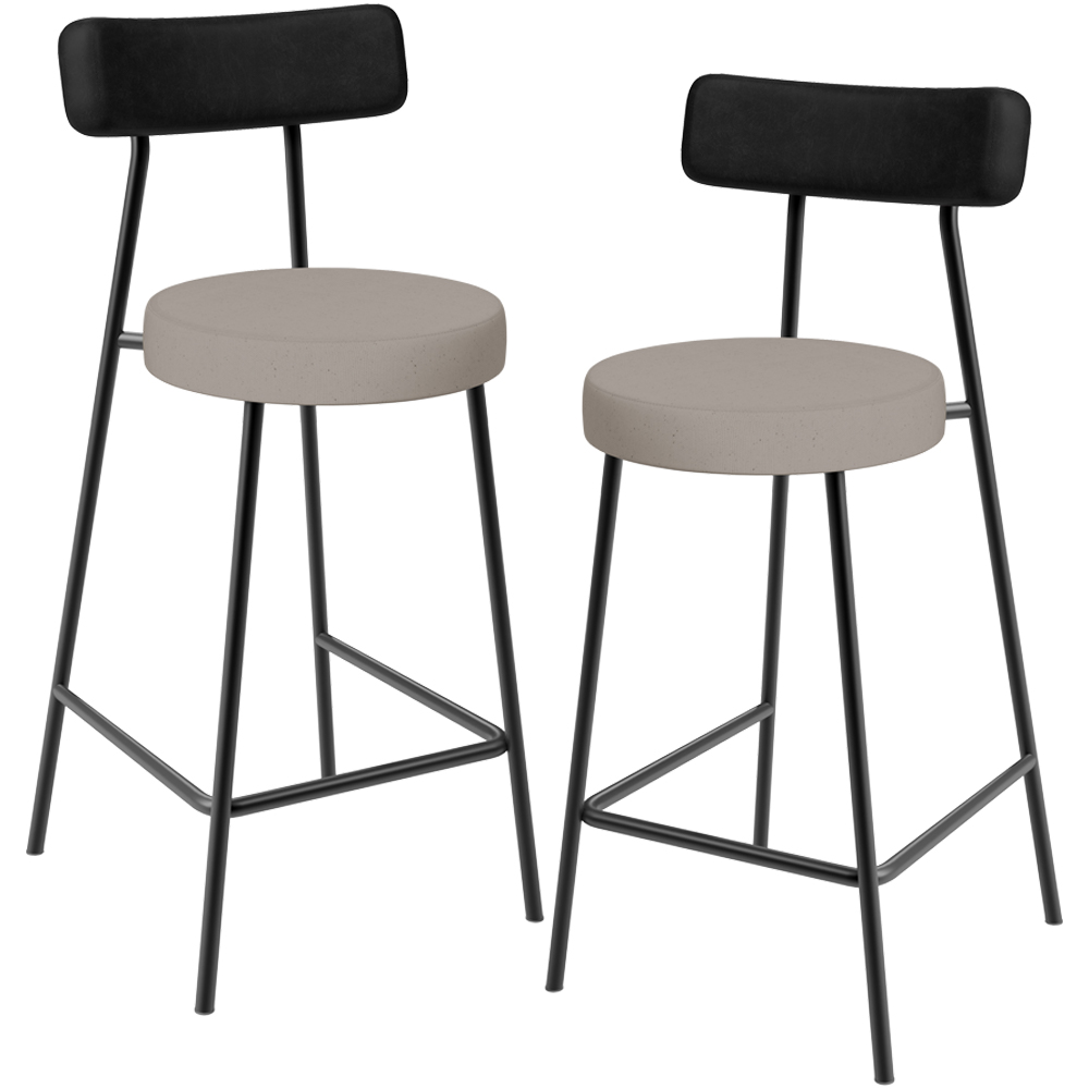 Kit 02 Banquetas Baixa Bar Cozinha Sala Jantar Milão L02 Couríssimo Preto Linho Bege - Lyam Decor