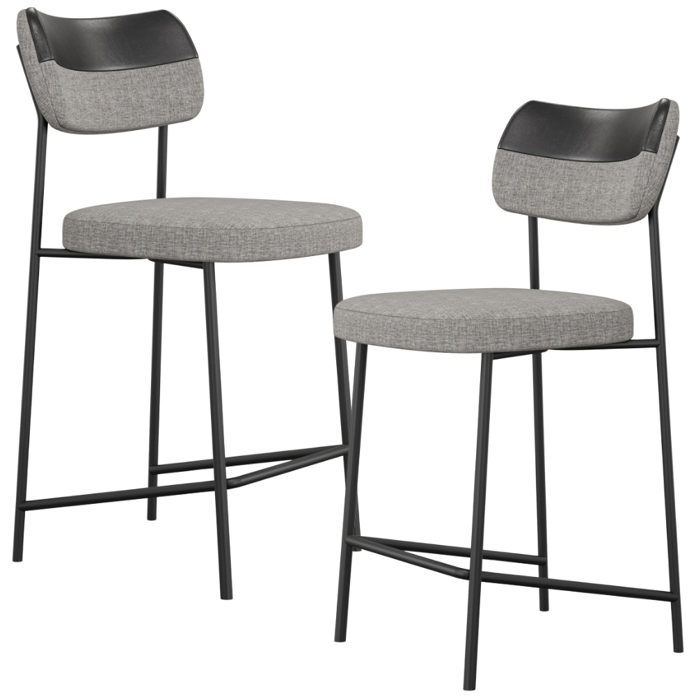 Kit 02 Banquetas Baixa Bar Cozinha Sala Jantar Preto Elira L02 Couríssimo Preto Linho Cinza - Lyam Decor