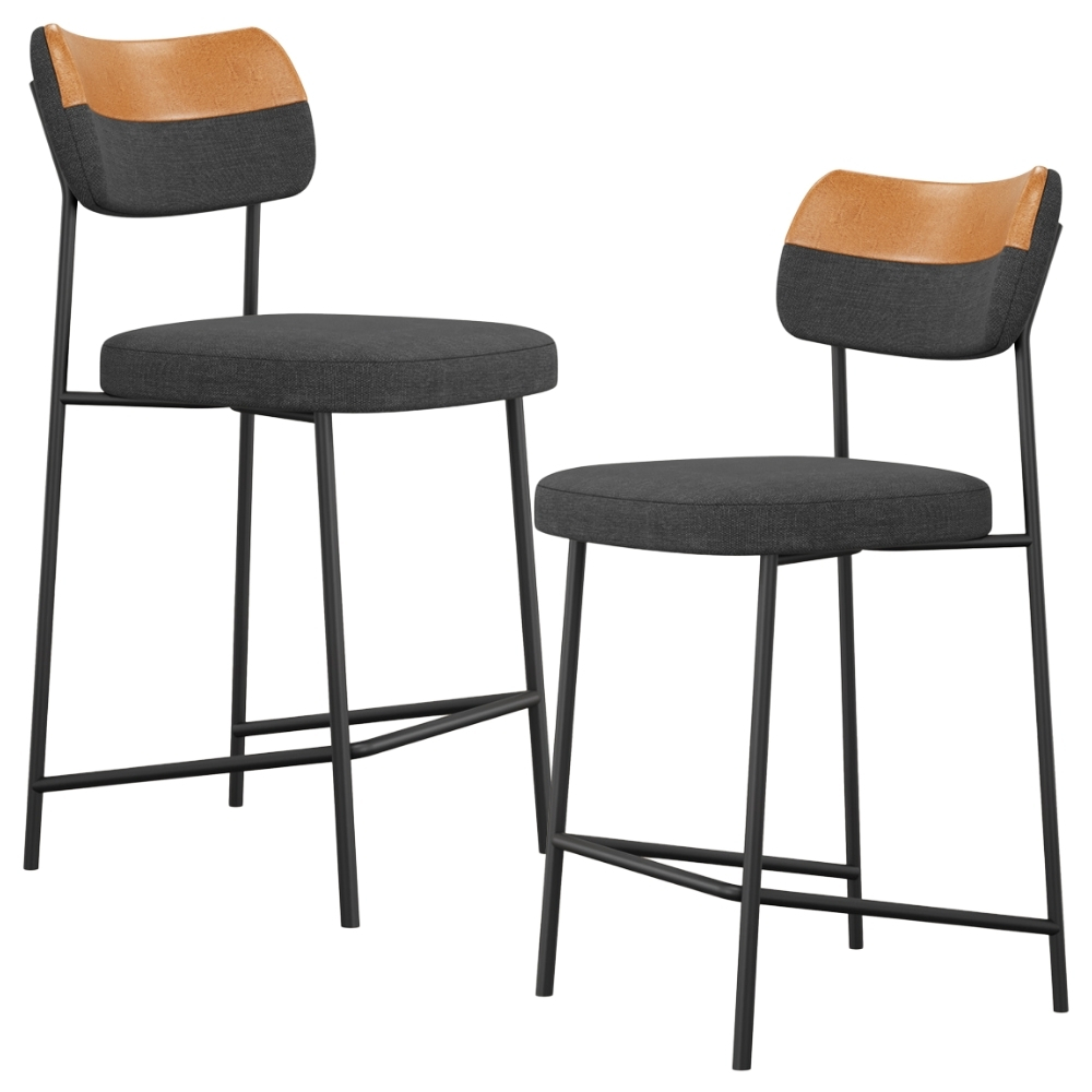 Kit 02 Banquetas Baixa Bar Cozinha Sala Jantar Whisky Elira L02 Couríssimo Whisky Linho Chumbo - Lyam Decor