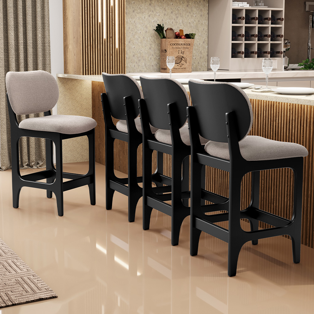 Kit 02 Banquetas Baixa Bar Cozinha e Sala De Jantar Fixa Betta L02 Preto Bouclê Bege - Lyam Decor