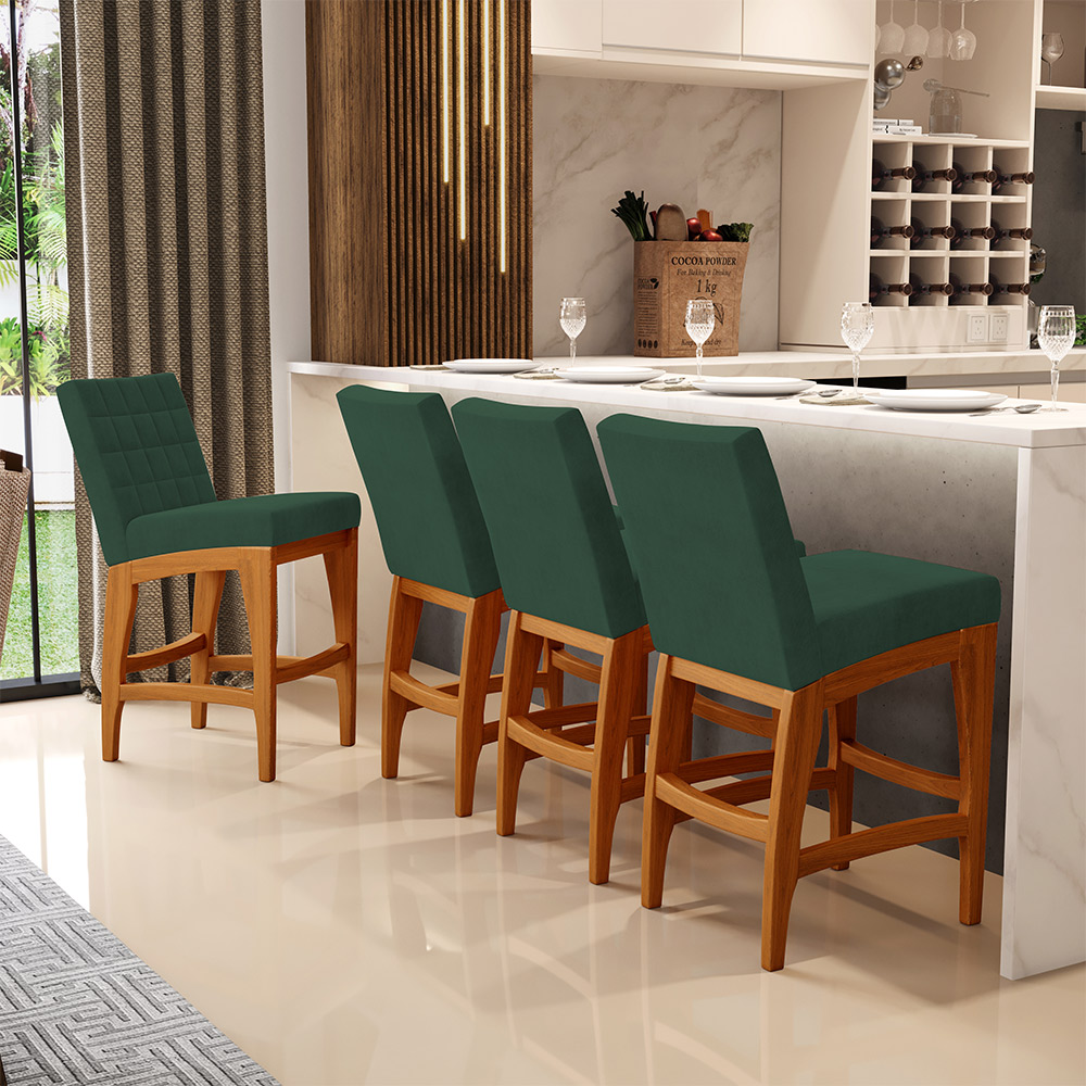 Kit 02 Banquetas Baixa Cozinha Bancada Bar Sala Jantar Fixa Mila L02 Suede Verde Musgo - Lyam Decor