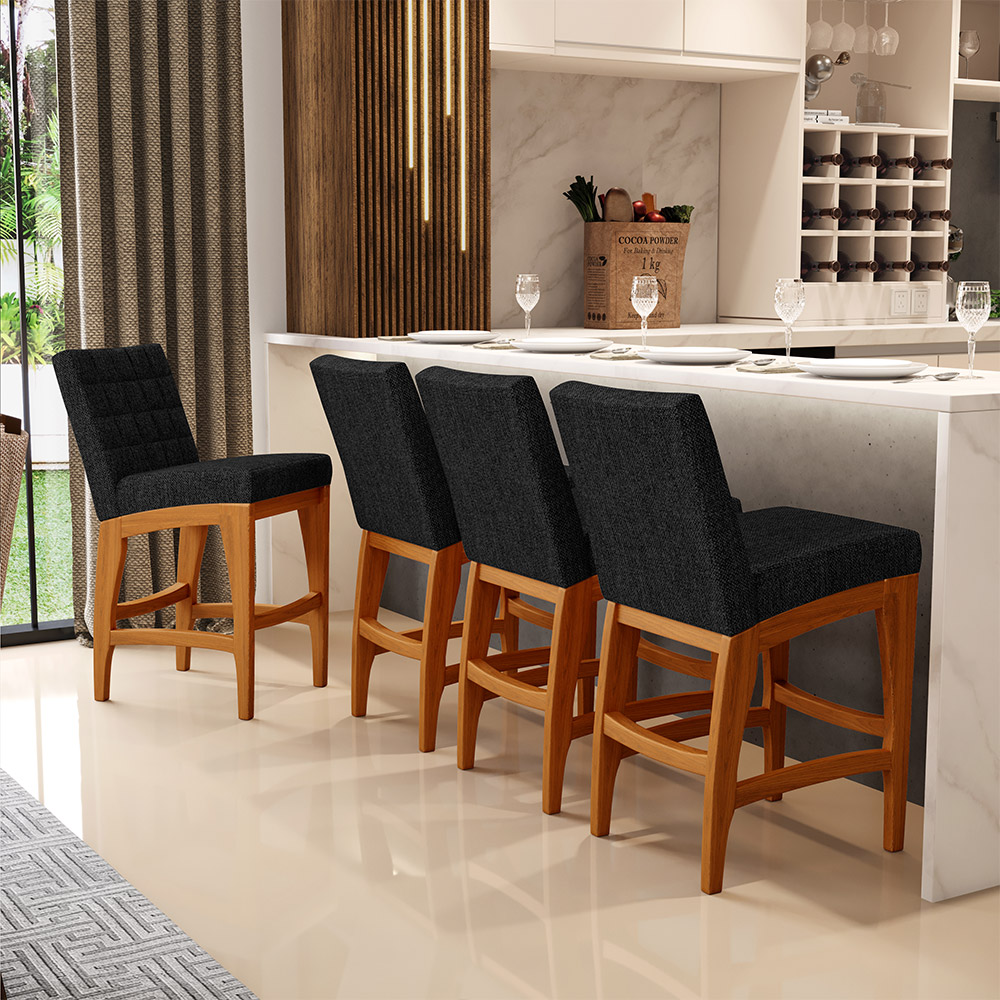 Kit 02 Banquetas Baixa Cozinha Bancada Bar Sala de Jantar Fixa Mila L02 Linho Chumbo - Lyam Decor