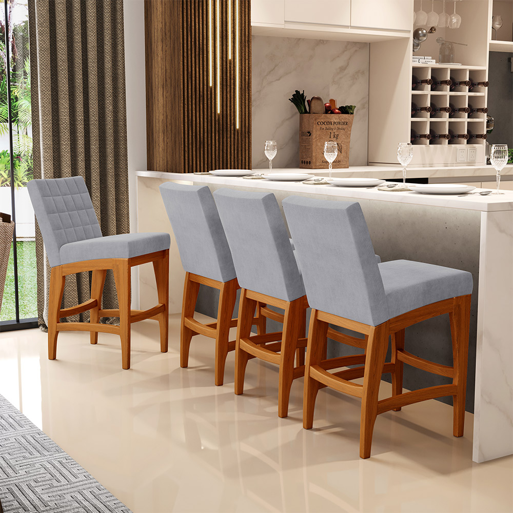 Kit 02 Banquetas Baixa Cozinha Bancada Bar Sala de Jantar Fixa Mila L02 Suede Cinza - Lyam Decor