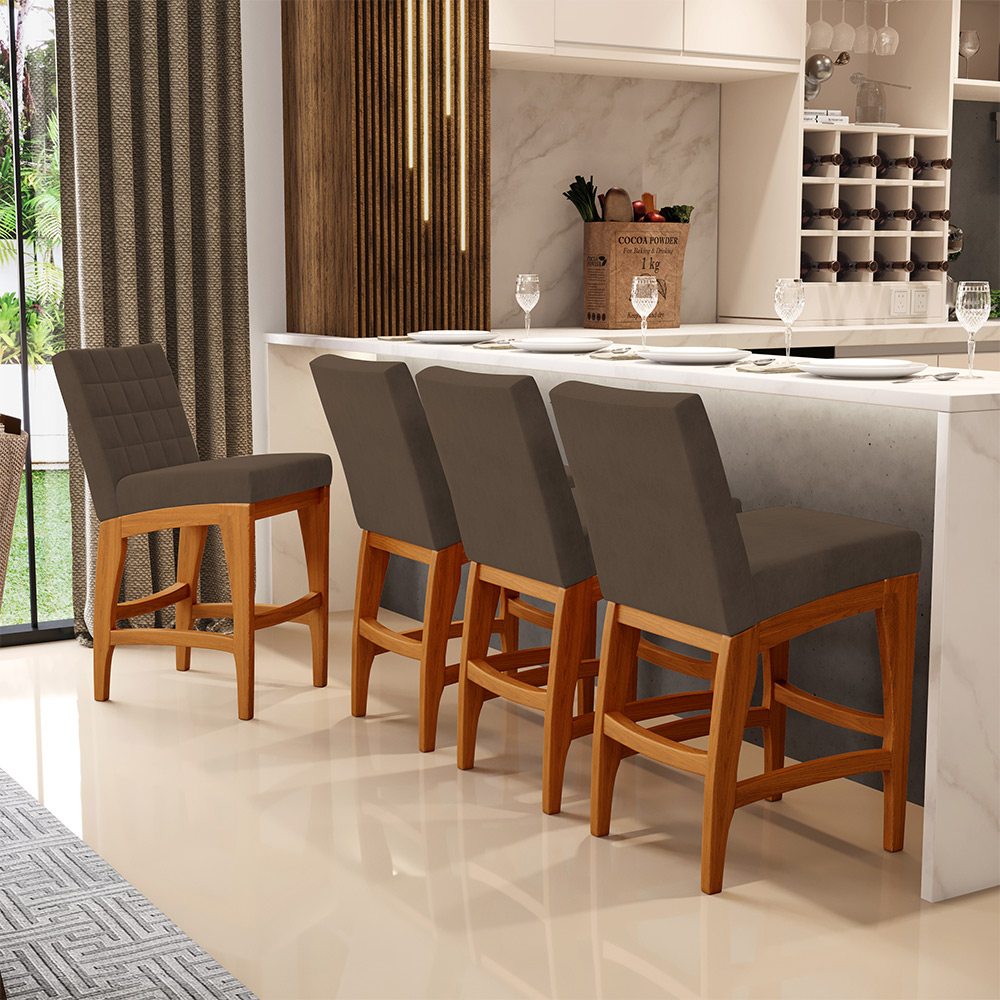 Kit 02 Banquetas Baixa Cozinha Bancada Bar Sala de Jantar Fixa Mila L02 Suede Marrom - Lyam Decor