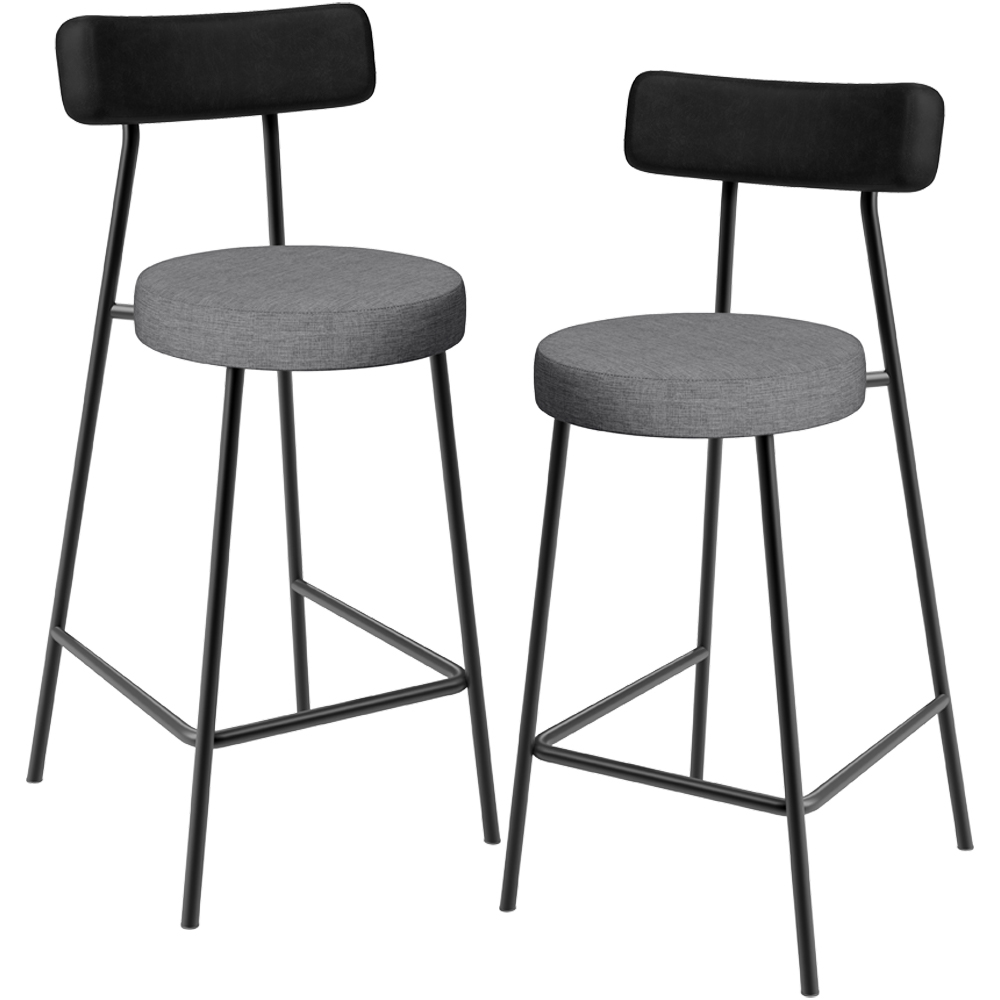 Kit 02 Banquetas Baixa Cozinha Jantar Milão L02 Couríssimo Preto Linho Cinza Escuro - Lyam Decor