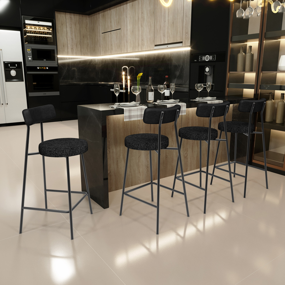 Kit 02 Banquetas Baixa Cozinha Sala Jantar Bancada Milão L02 Couríssimo Preto Linho Chumbo - Lyam Decor
