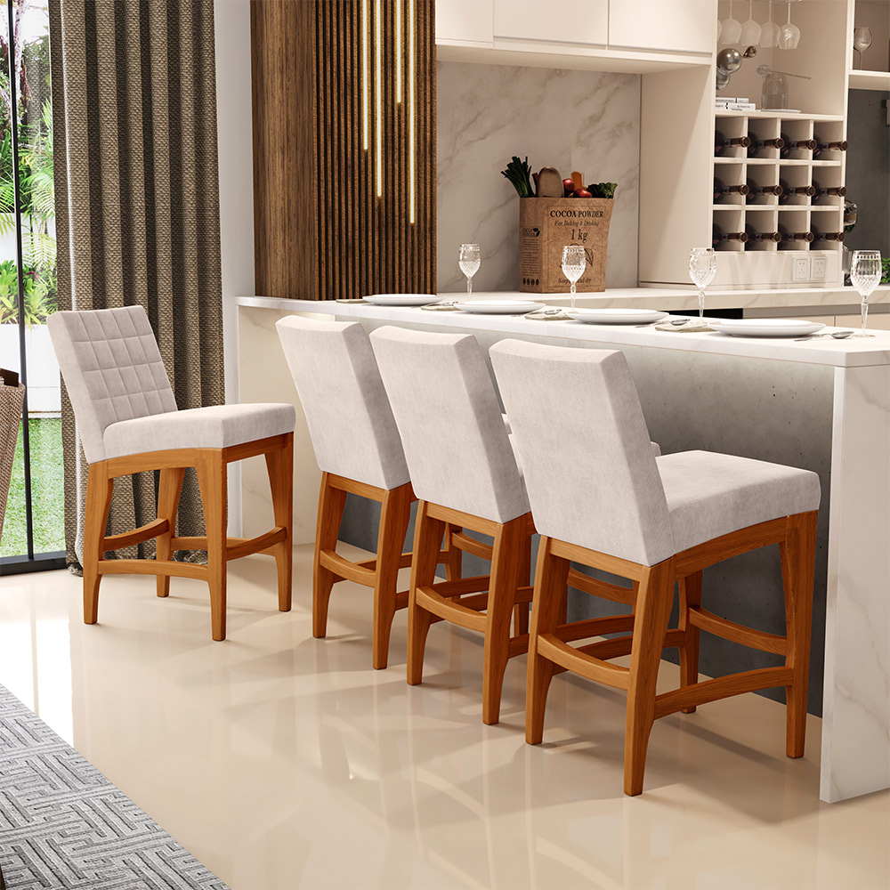 Kit 02 Banquetas Baixa Para Cozinha Bancada Bar Sala Jantar Fixa Mila L02 Suede Bege - Lyam Decor