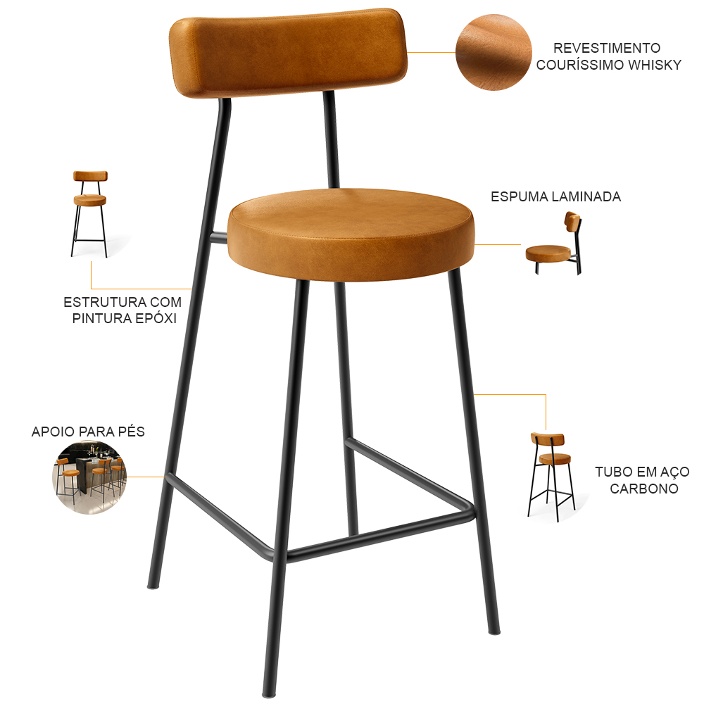 Kit 02 Banquetas Baixa Para Cozinha Sala De Jantar Bancada Milão L02 Couríssimo Whisky - Lyam Decor