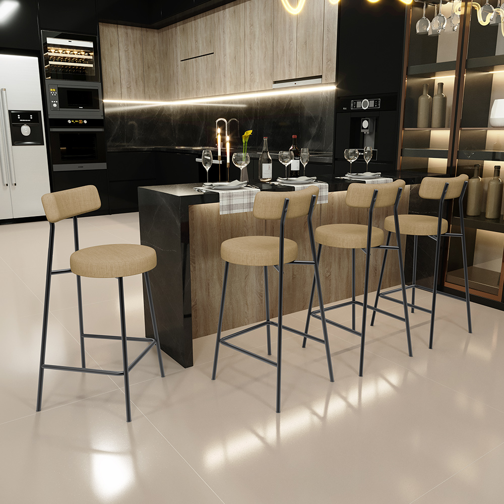 Kit 02 Banquetas Baixa Para Cozinha Sala De Jantar Bancada Milão L02 Linho Bege Escuro - Lyam Decor