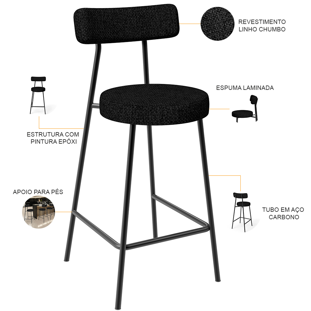 Kit 02 Banquetas Baixa Para Cozinha Sala De Jantar Bancada Milão L02 Linho Chumbo - Lyam Decor
