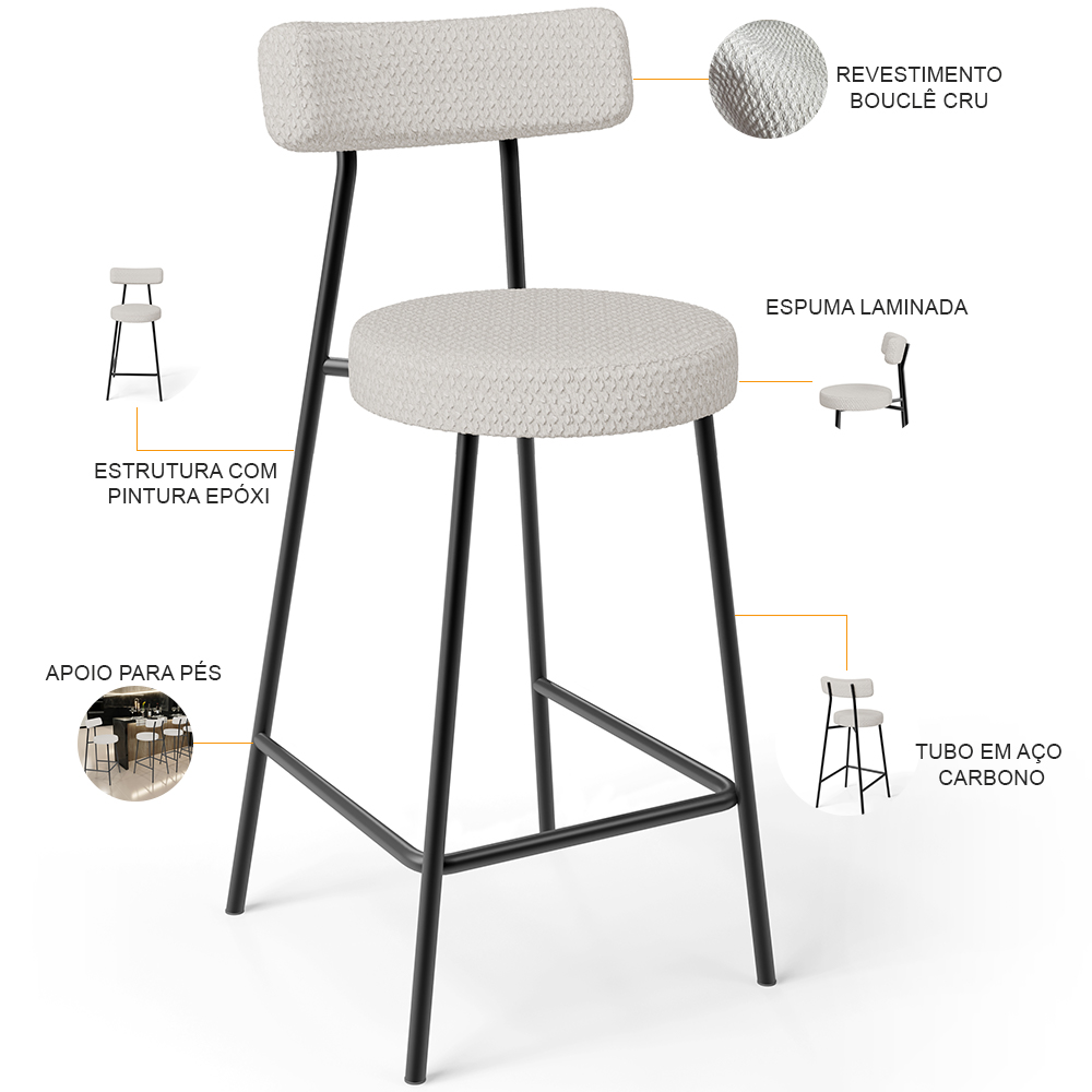 Kit 02 Banquetas Baixa Para Cozinha Sala De Jantar Bar Bancada Milão L02 Bouclê Cru - Lyam Decor