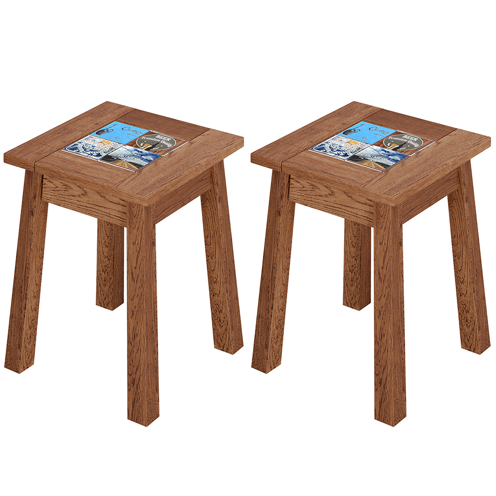 Kit 02 Banquetas Baixas De Madeira Maciça Pinus Rústica Com Cerâmica Vintage W02 Imbuia - Lyam Decor