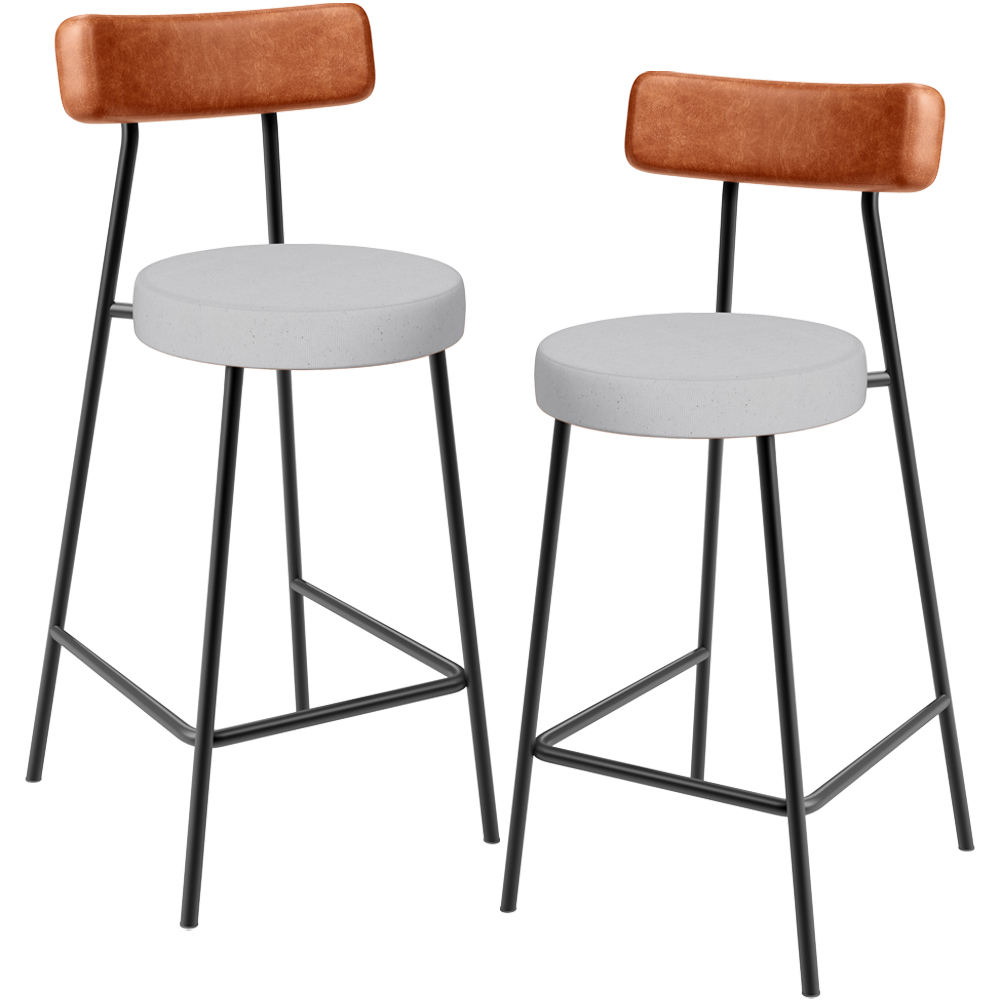 Kit 02 Banquetas Bar Baixa Cozinha Sala Jantar Milão L02 Couríssimo Camel Linho Cinza  - Lyam Decor