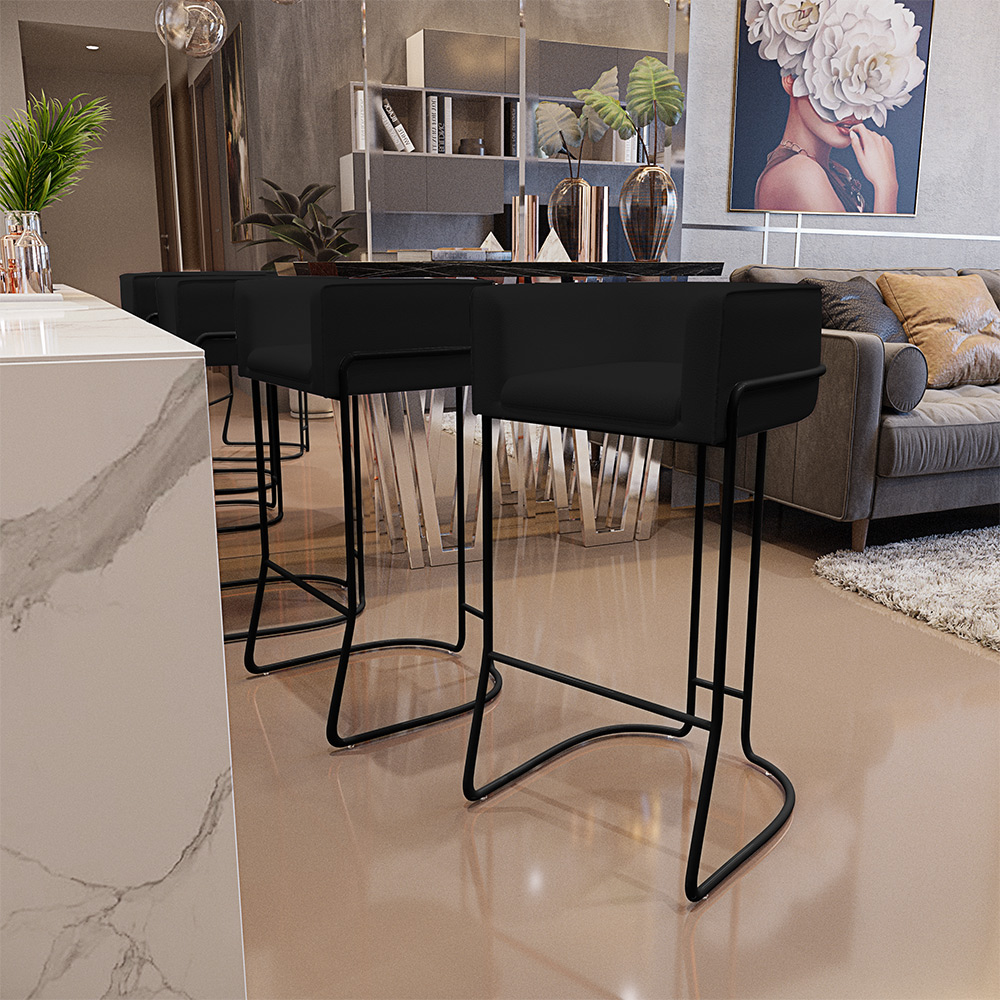 Kit 02 Banquetas Decorativas Fixa Base De Aço Preto Betina D02 Corano Preto B-97 - Lyam Decor