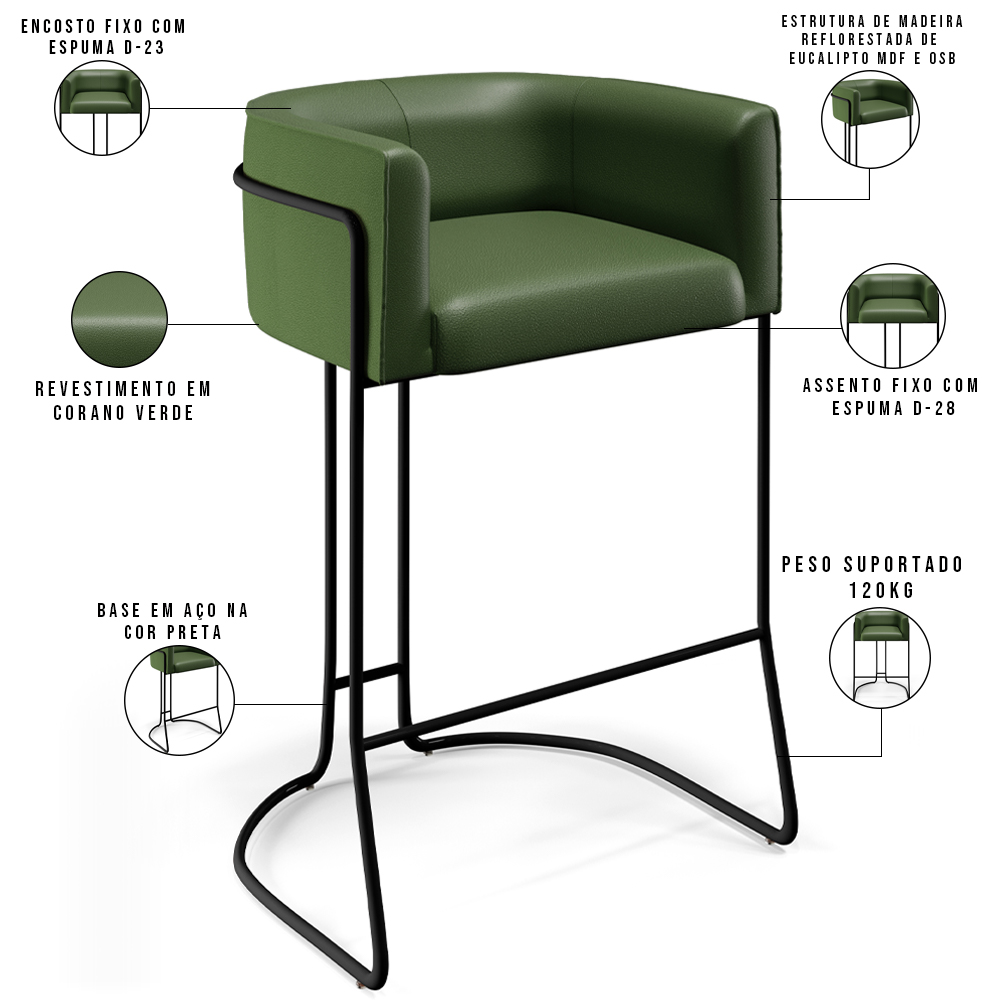 Kit 02 Banquetas Decorativas Fixa Base de Aço Preto Betina D02 Corano Verde Musgo B-89 - Lyam Decor