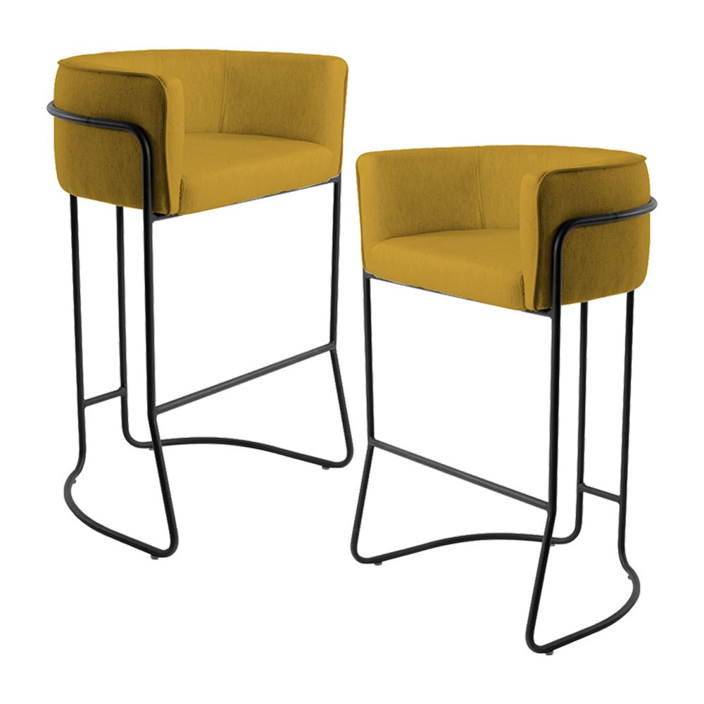 Kit 02 Banquetas Decorativas Fixa Base de Aço Preto Betina D02 Veludo Mostarda C-279 - Lyam Decor