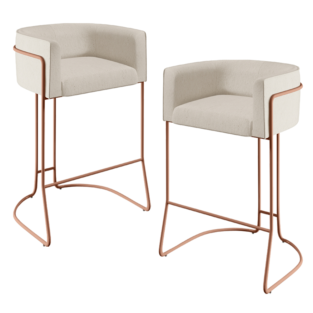 Kit 02 Banquetas Decorativas Fixas Base De Aço Cobre Betina D02 Linho Cru C-443 - Lyam Decor