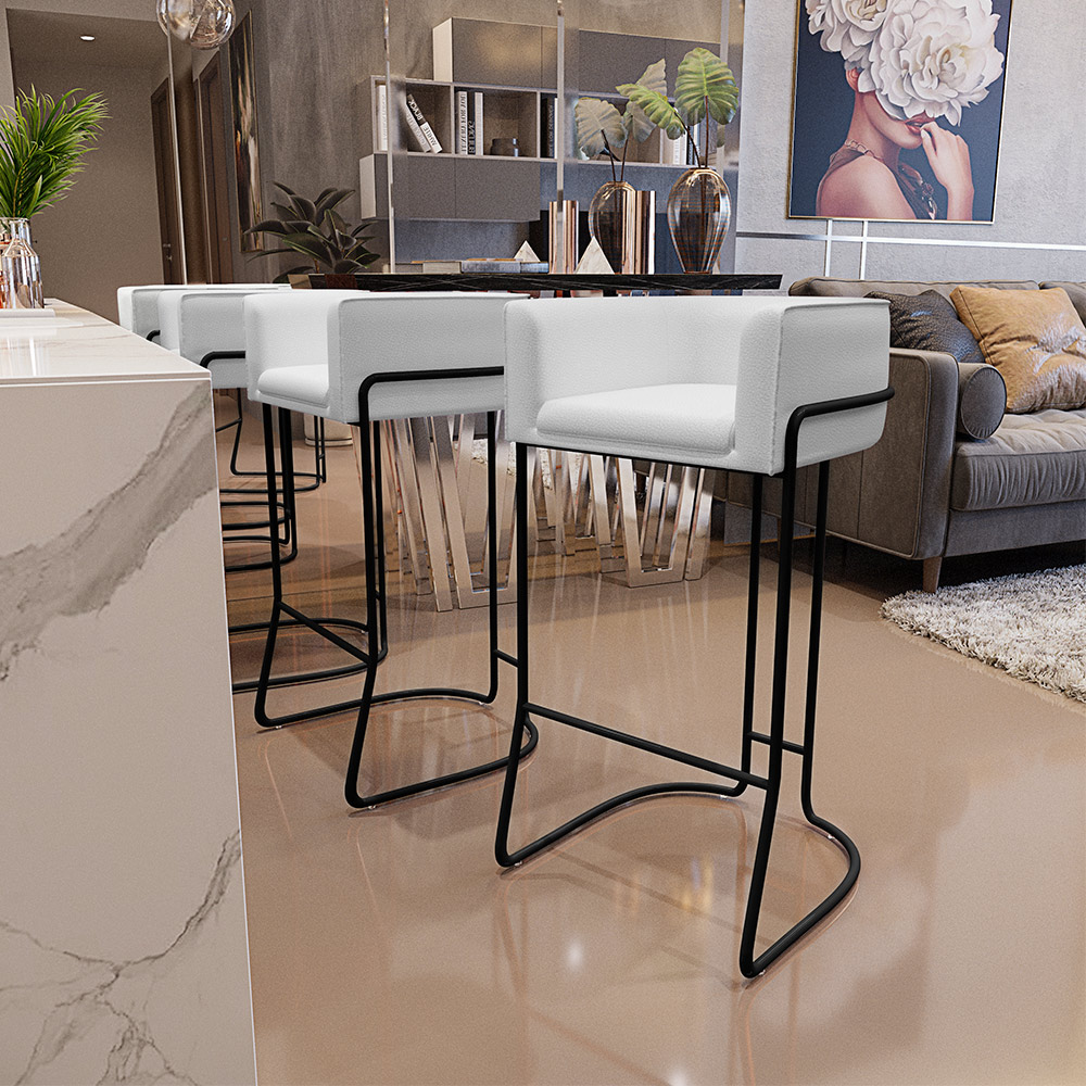 Kit 02 Banquetas Decorativas Fixas Base De Aço Preto Betina D02 Corano Branco C-12 - Lyam Decor