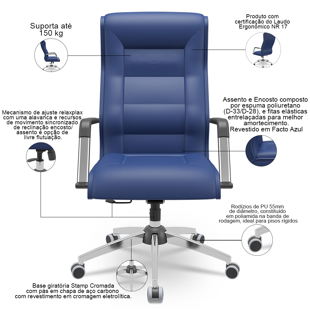 Kit 02 Cadeiras De Escritório Giratória Presidente Base Cromada Kirk P03 Vinil Azul - Lyam Decor