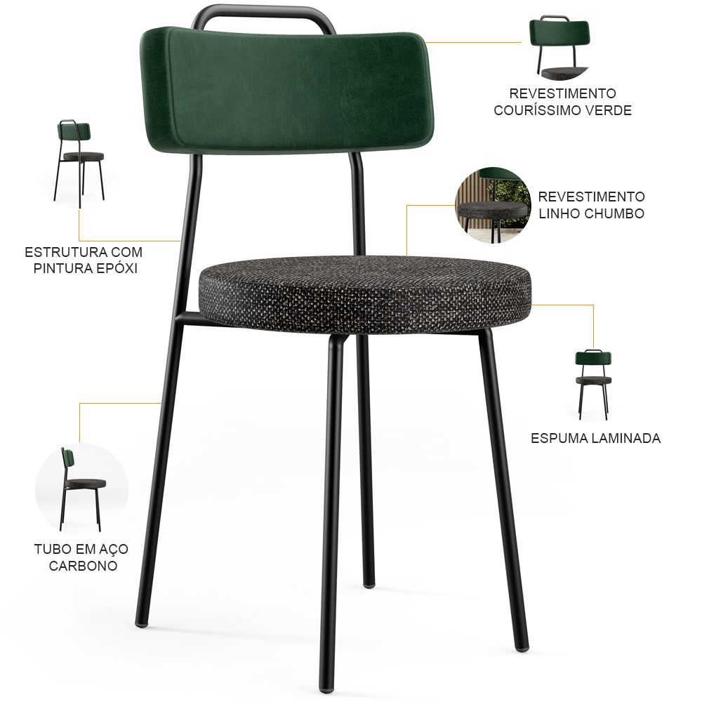 Kit 02 Cadeiras Decorativa Estofada Sala Jantar Barcelona L02 Facto Verde Musgo Linho Chumbo - Lyam