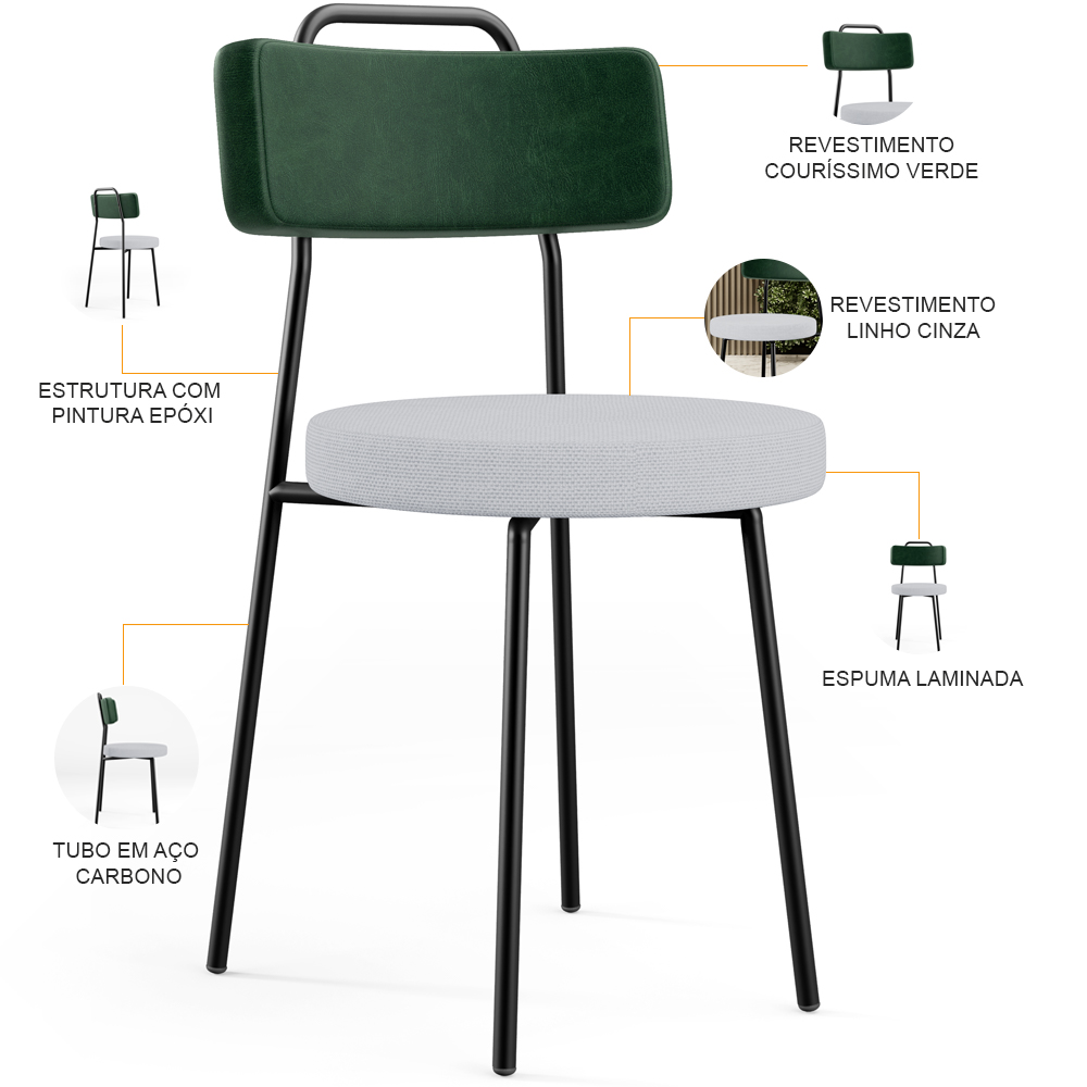 Kit 02 Cadeiras Decorativa Estofada Sala Jantar Barcelona L02 Facto Verde Musgo Linho Cinza - Lyam