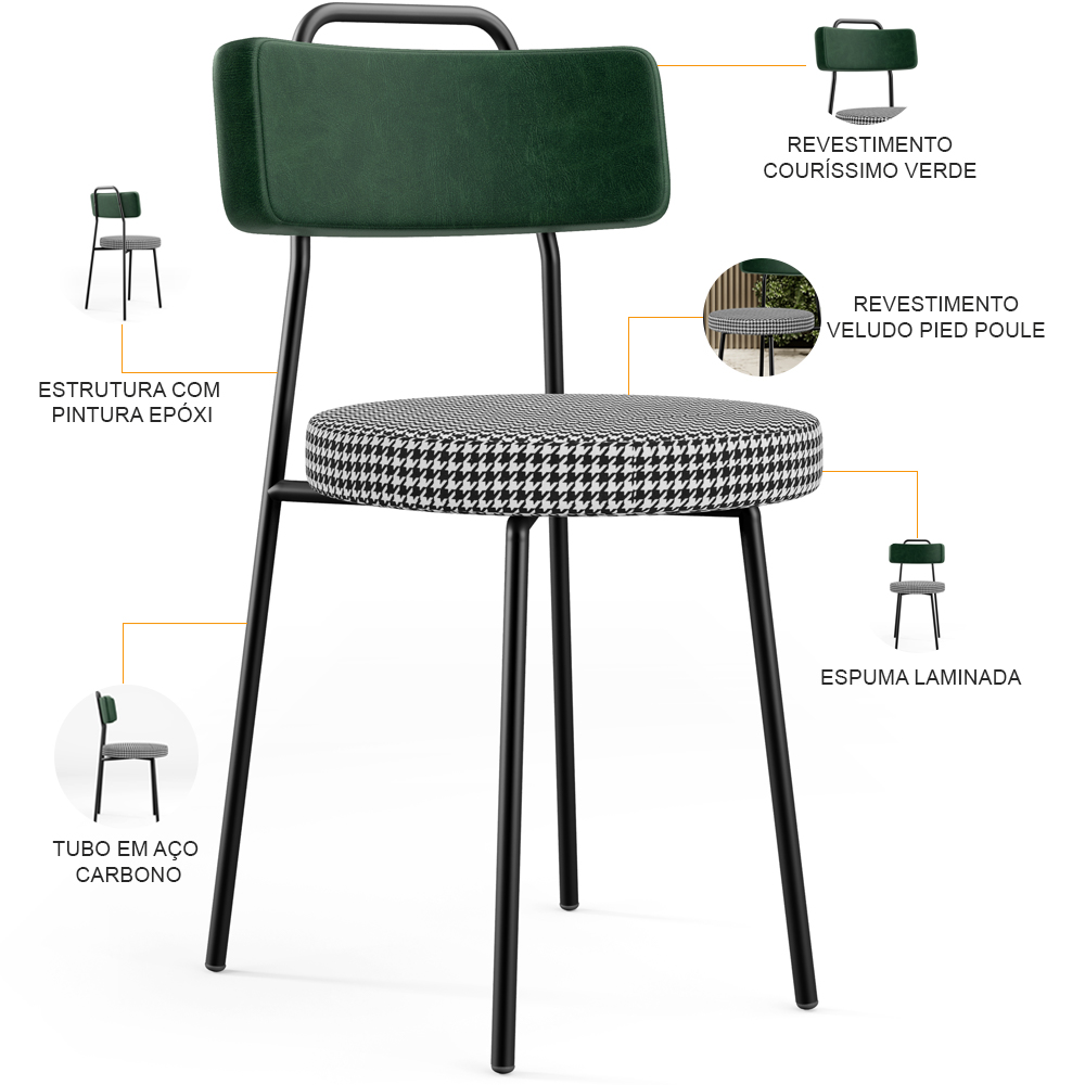 Kit 02 Cadeiras Decorativa Estofada Sala Jantar Barcelona L02 Facto Verde Musgo Pied Poule - Lyam