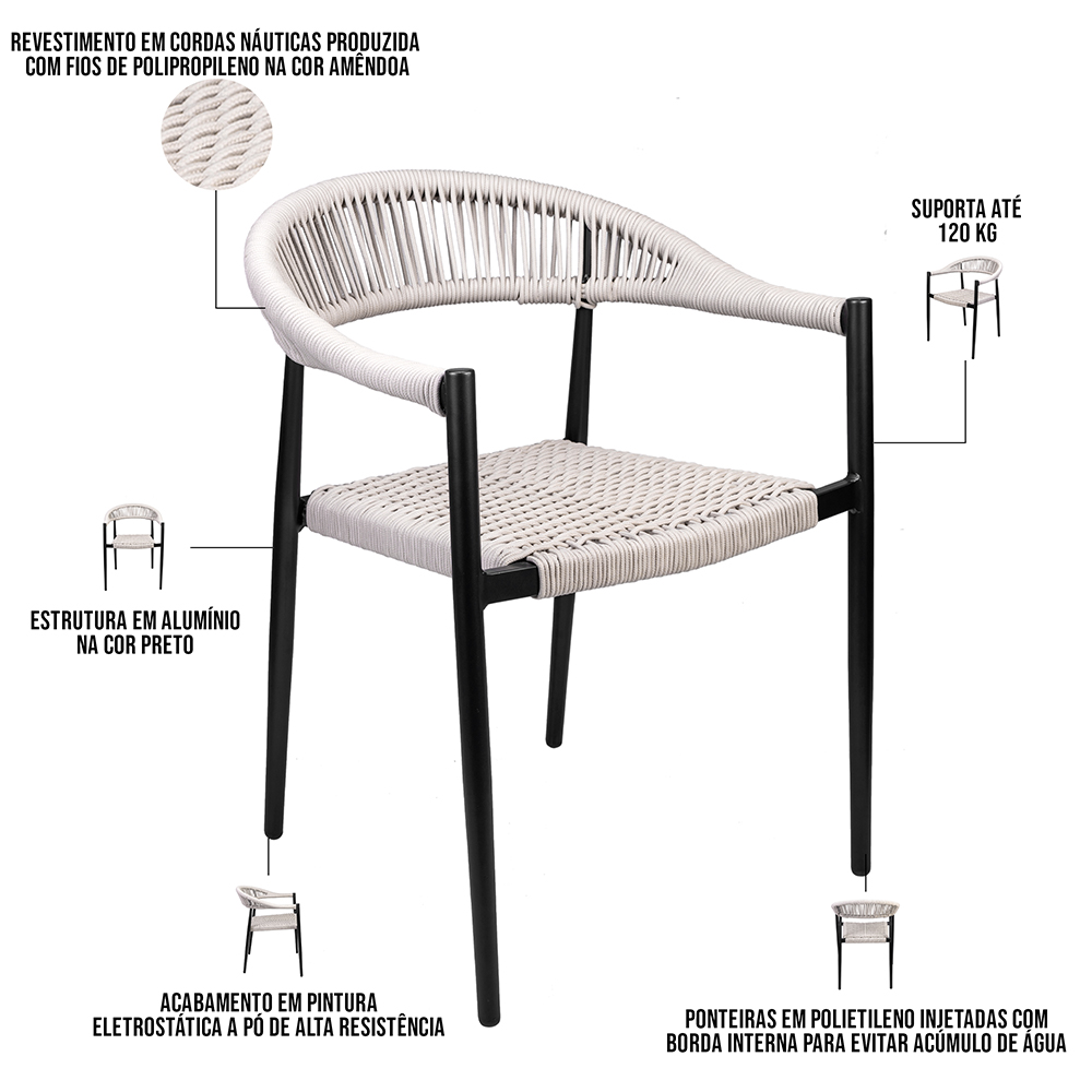 Kit 02 Cadeiras Decorativas Área Gourmet Base Preto Corda Náutica Nevada R01 Amêndoa - Lyam Decor