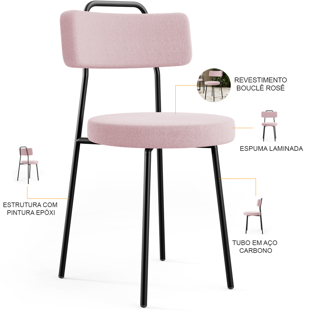 Kit 02 Cadeiras Decorativas Estofada Para Sala De Jantar Barcelona L02 Bouclê Rosê - Lyam Decor