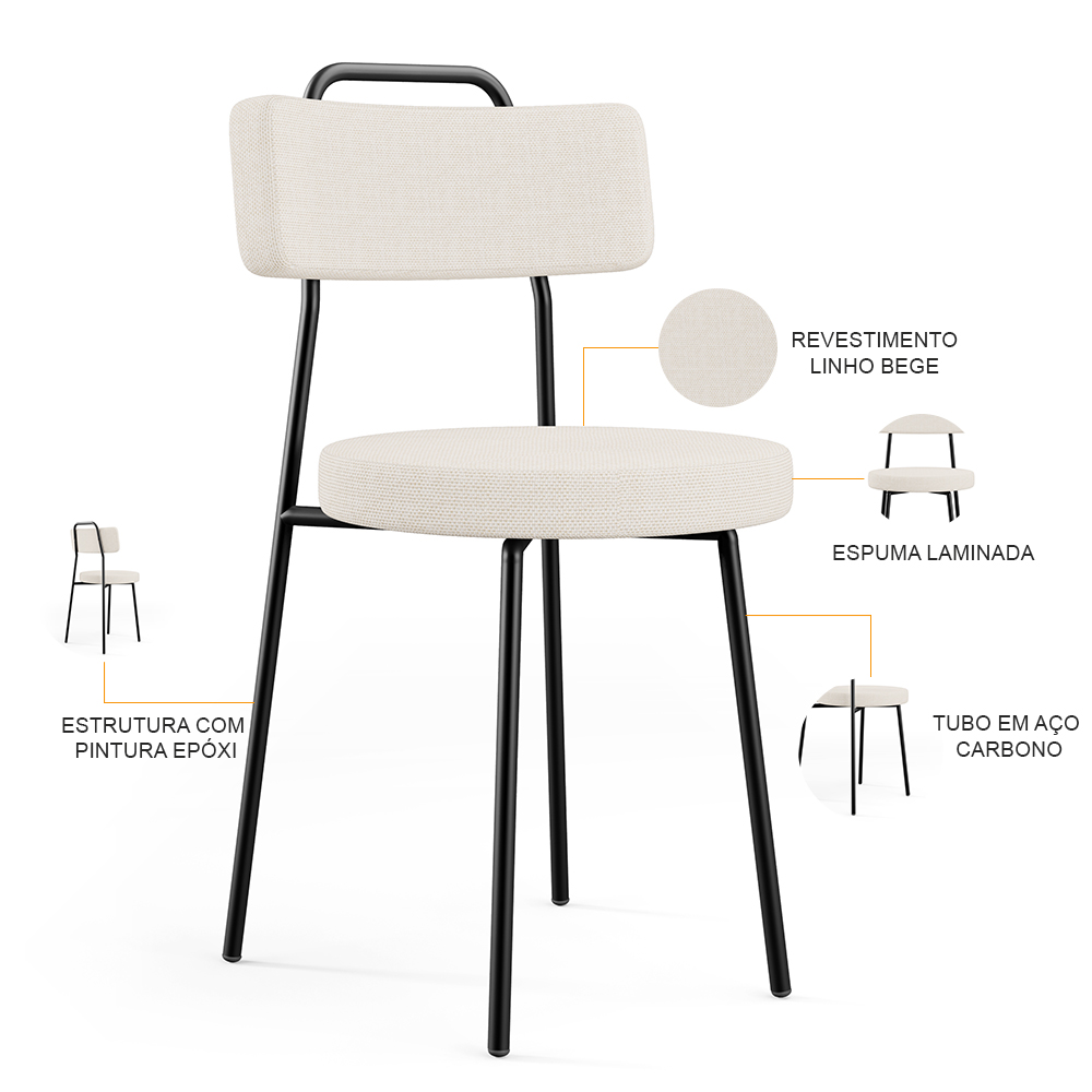 Kit 02 Cadeiras Decorativas Estofada Para Sala De Jantar Barcelona L02 Linho Cru - Lyam Decor