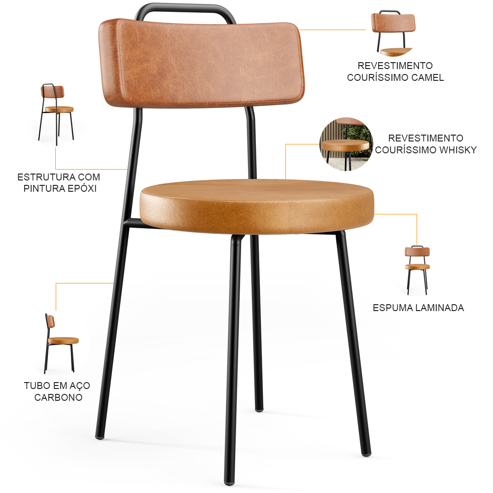 Kit 02 Cadeiras Decorativas Estofada Para Sala Jantar Barcelona L02 Couríssimo Camel Whisky - Lyam