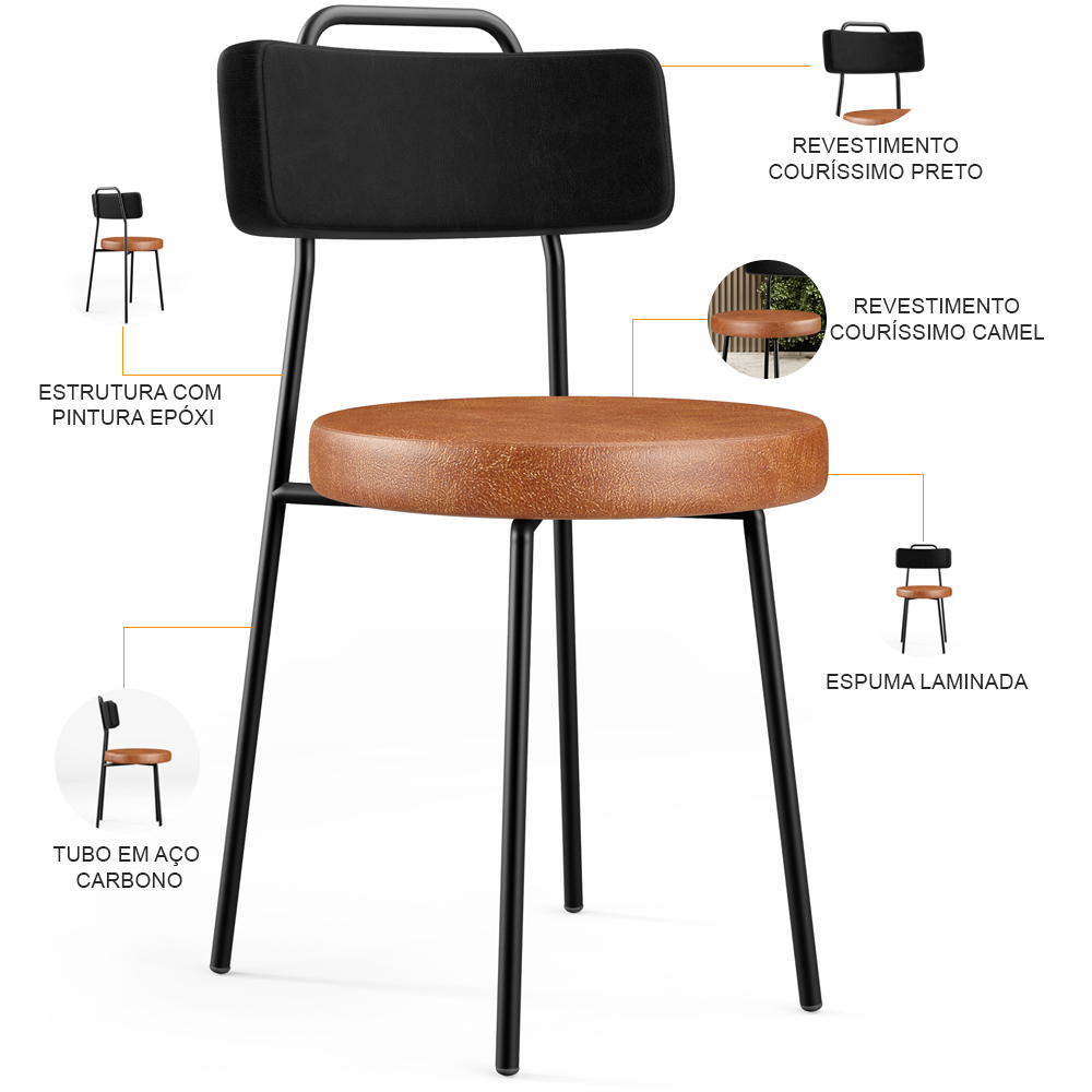 Kit 02 Cadeiras Decorativas Estofada Para Sala Jantar Barcelona L02 Couríssimo Preto Camel - Lyam