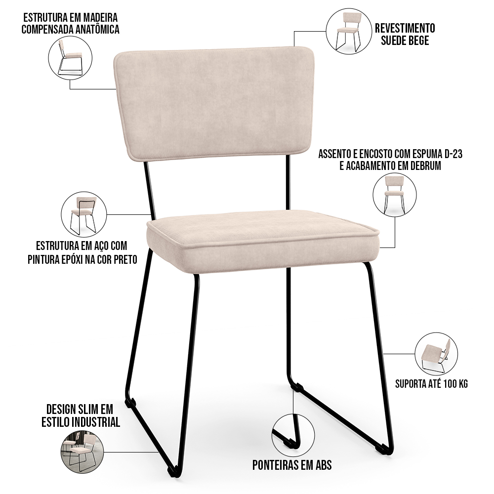 Kit 02 Cadeiras Decorativas Para Sala De Jantar Allana L02 Suede Bege - Lyam Decor