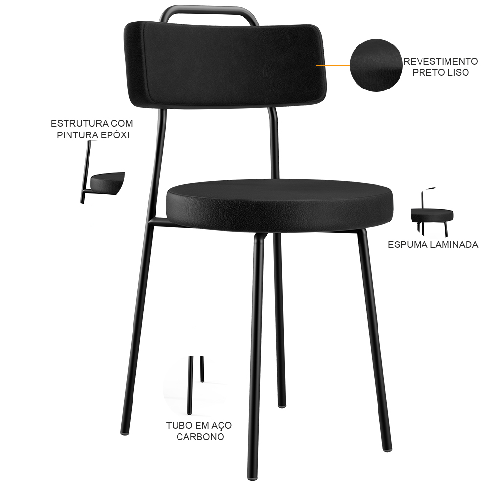 Kit 02 Cadeiras Decorativas Para Sala De Jantar Barcelona L02 Couríssimo Preto - Lyam Decor