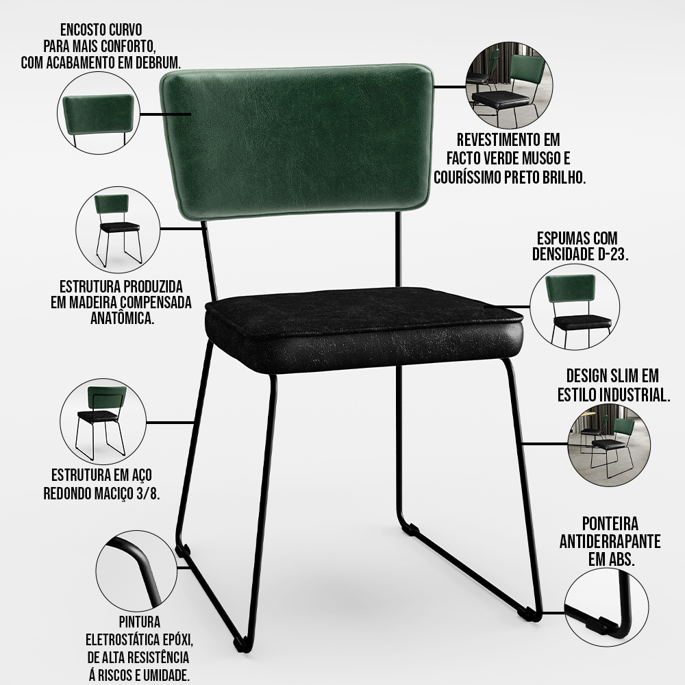 Kit 02 Cadeiras Decorativas Sala Jantar Allana L02 Facto Verde Musgo Couríssimo Preto - Lyam Decor