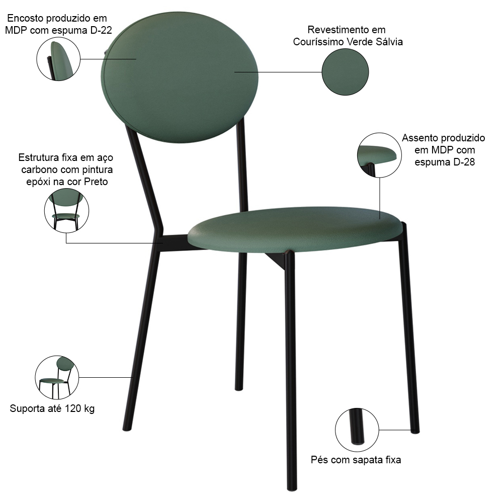 Kit 02 Cadeiras Estofada Para Sala de Jantar Azuri Preto C01 Courino Verde Sálvia - Lyam Decor