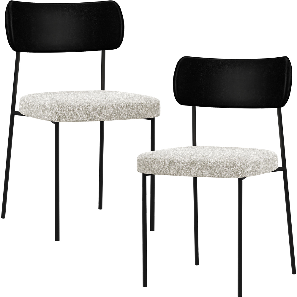 Kit 02 Cadeiras Estofadas Para Sala De Jantar Melina L02 Couríssimo Preto Bouclê Creme - Lyam Decor