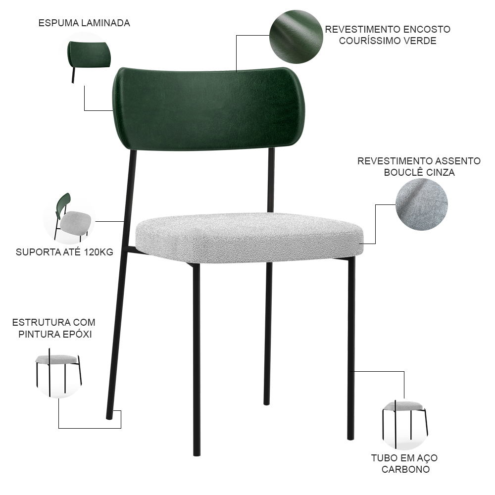 Kit 02 Cadeiras Estofadas Para Sala De Jantar Melina L02 Facto Verde Musgo Bouclê Cinza - Lyam Decor