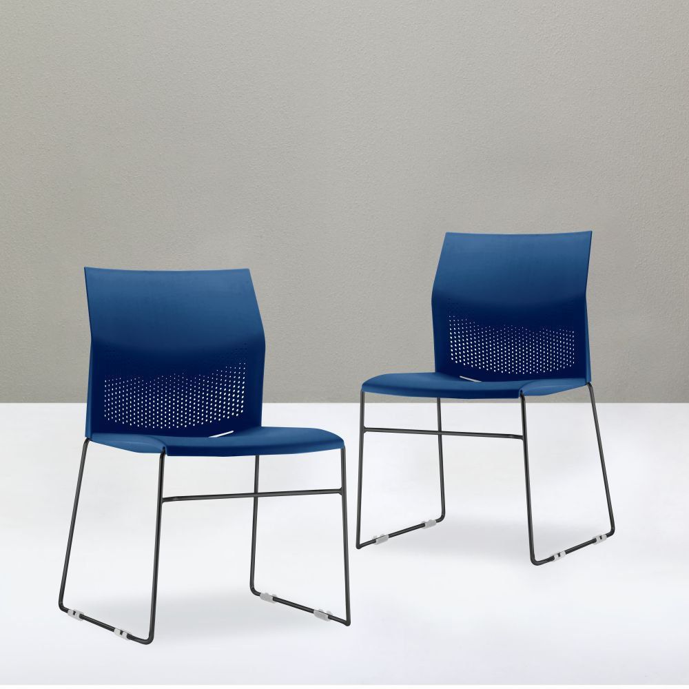 Kit 02 Cadeiras Fixa Base Preta Empilhável Connect F02 Azul Marinho - Lyam Decor