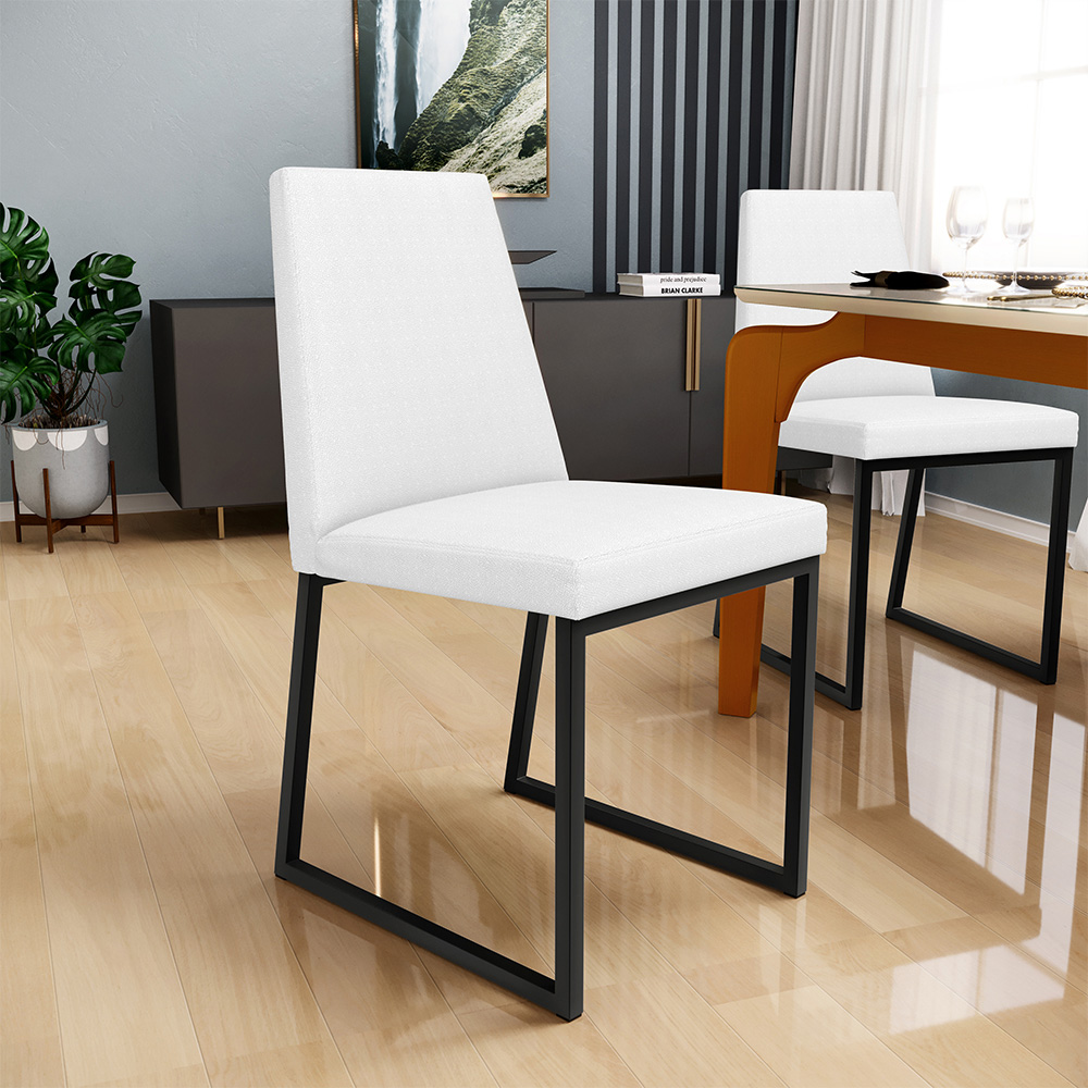 Kit 02 Cadeiras Para Sala De Jantar Base Aço Industrial Preto Dafne L02 Corano Branco - Lyam Decor