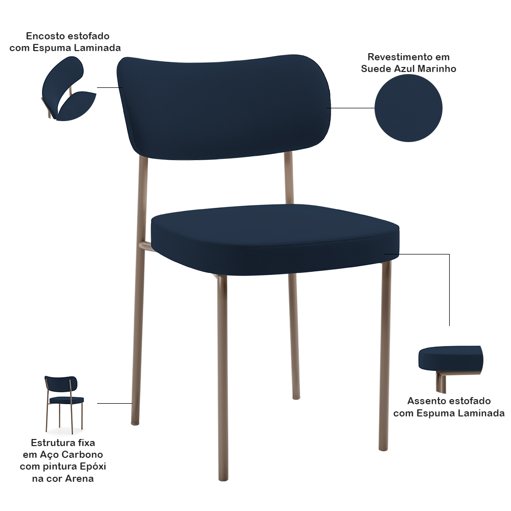 Kit 02 Cadeiras Para Sala De Jantar Melina Base Arena L02 Suede Azul Marinho - Lyam Decor