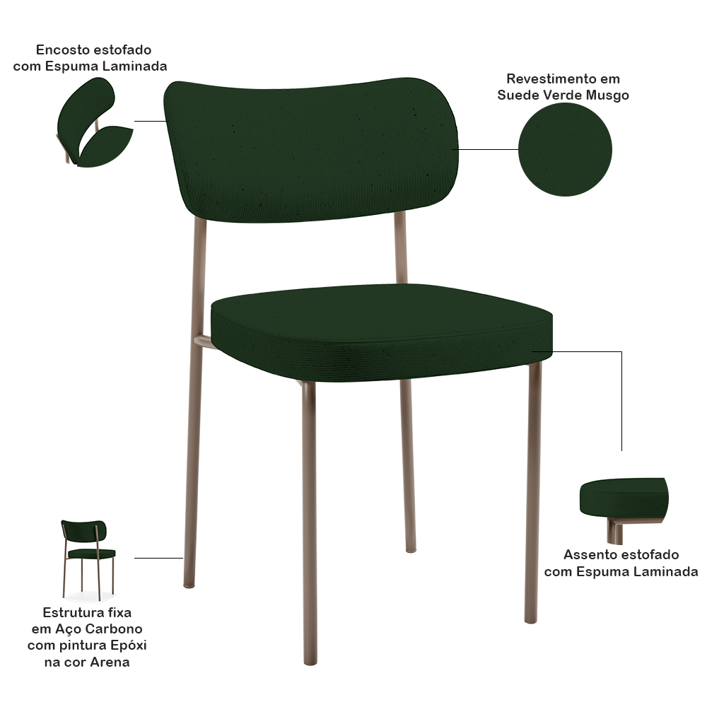 Kit 02 Cadeiras Para Sala De Jantar Melina Base Arena L02 Suede Verde Musgo - Lyam Decor